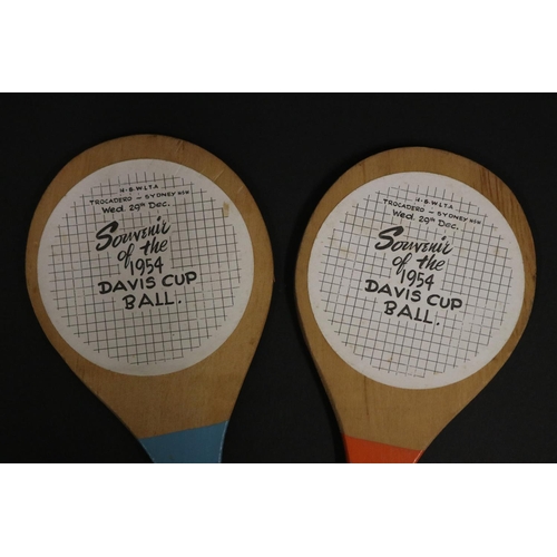 1097 - Pair of Souvenir of the 1954 DAVIS CUP BALL wooden cut out racquets, approx 19cm L. Provenance: Ken ... 