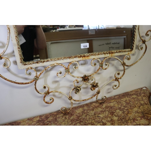 744 - Rustic painted metal scrolling frame mirror, approx 138cm H x 88cm W