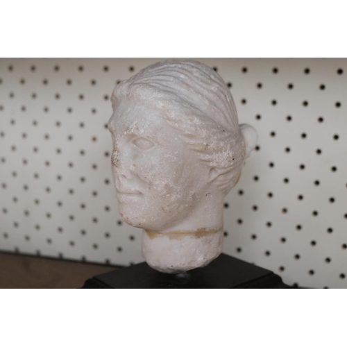 11 - Antique carved white marble head on wooden base (af), approx 20cm H including base