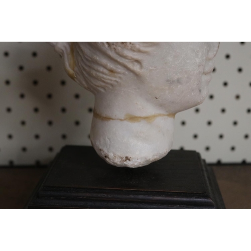 11 - Antique carved white marble head on wooden base (af), approx 20cm H including base