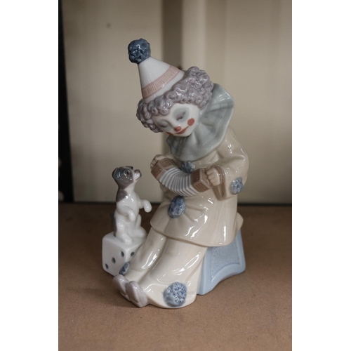 15 - Three pieces of Lladro child clown figures with puppy dog, approx 15cm H and shorter (3)