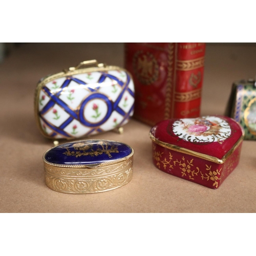 16 - Limoges miniature boxes, and Napoleon book flask, approx 12cm H and shorter (5)