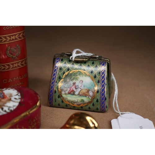 16 - Limoges miniature boxes, and Napoleon book flask, approx 12cm H and shorter (5)