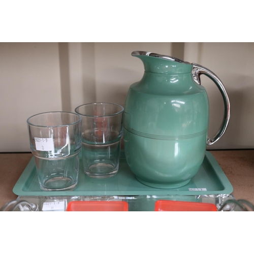 20 - American Meridan Manning & Bowman green enamel metal water jug and tray, two glasses, along with a D... 