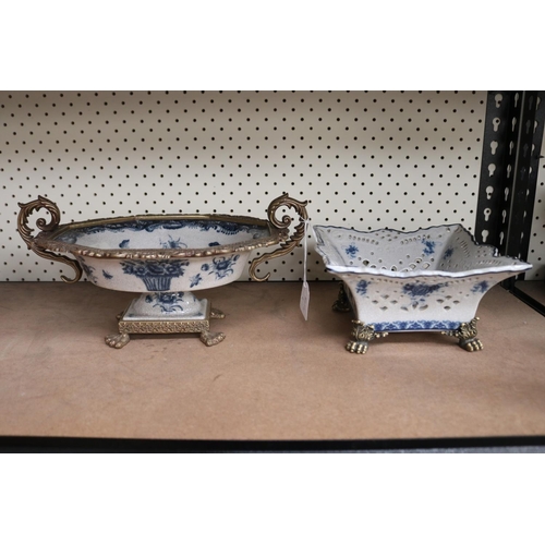 110 - Two modern Blue and white bowls with applied cast metal mounts, approx 16cm H x 32cm W and smaller (... 
