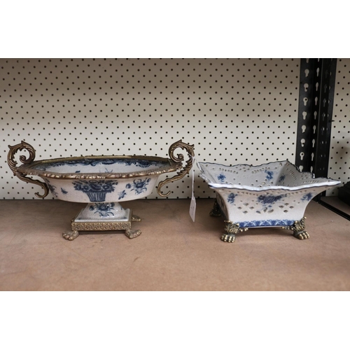 110 - Two modern Blue and white bowls with applied cast metal mounts, approx 16cm H x 32cm W and smaller (... 
