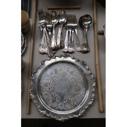 111 - Silver plate Kings pattern six soup, six desert and 12 forks along with a circular serving tray, app... 