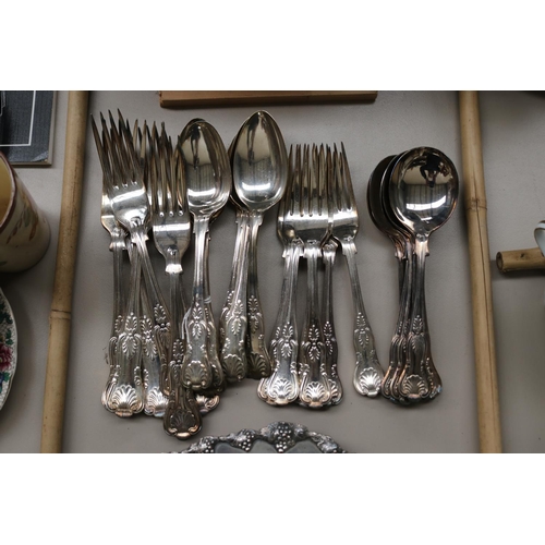 111 - Silver plate Kings pattern six soup, six desert and 12 forks along with a circular serving tray, app... 