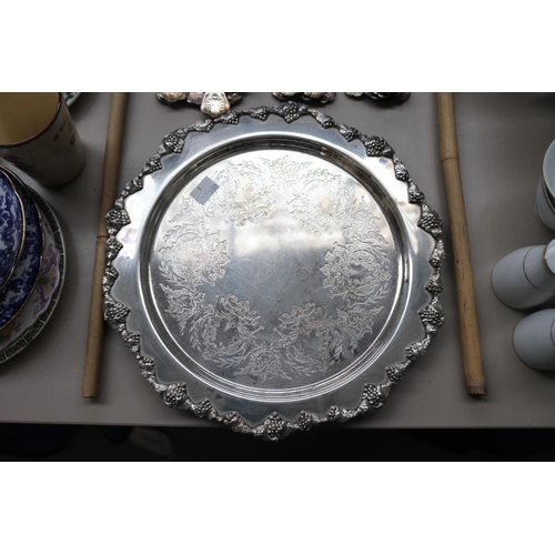 111 - Silver plate Kings pattern six soup, six desert and 12 forks along with a circular serving tray, app... 