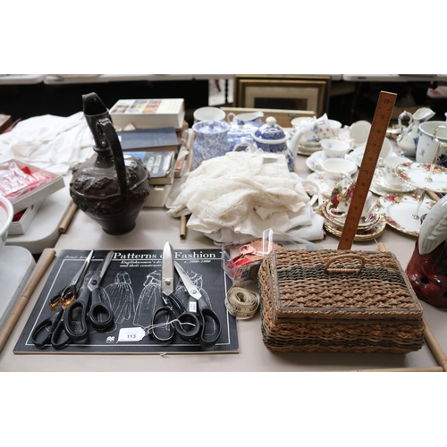 113 - An array of dressmakers items, scissors, measure etc