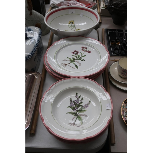 114 - Italian pottery Botantical bowl and plates, approx 13cm H x 31cm Dia and smaller