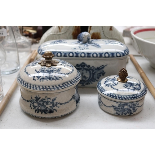 117 - Three lidded blue and white porcelain boxes, approx 14cm H x 27cm W and smaller (3)