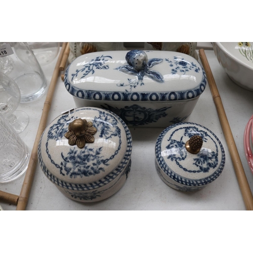 117 - Three lidded blue and white porcelain boxes, approx 14cm H x 27cm W and smaller (3)