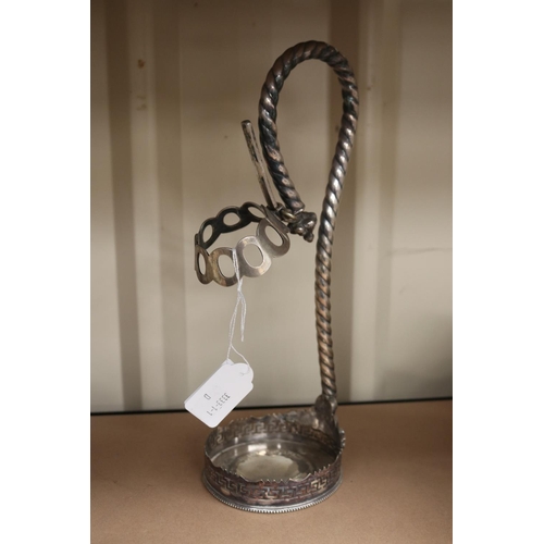 38 - Antique unmarked silver plate wine bottle holder, adjustable neck collar, approx 30cm H