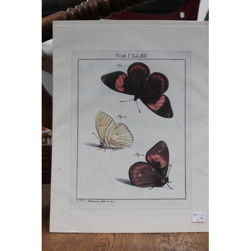39 - Three unframed coloured prints of butterflies and a mushroom print, approx 27cm x 19cm and smaller (... 