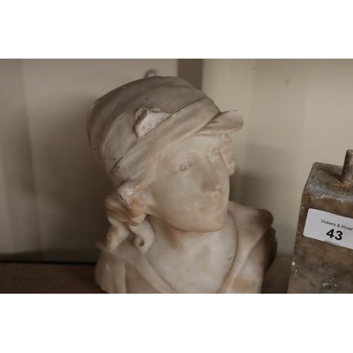 43 - Antique alabaster bust of a female, approx 19cm H excluding stand