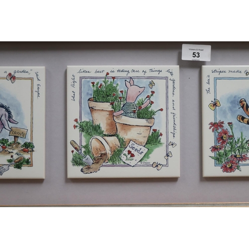 53 - Shadow framed set of Winnie the Poo hand painted tiles, Disney, each tile approx 15cm Sq, frame appr... 
