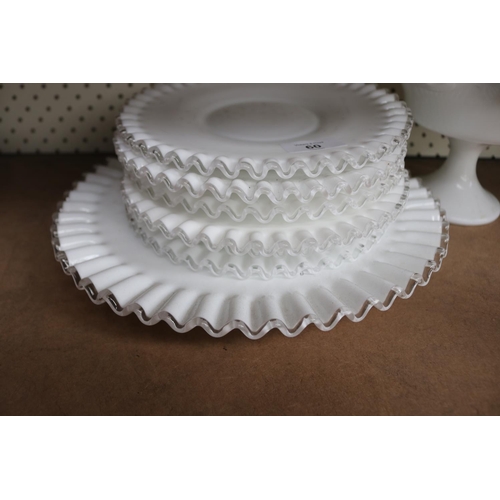 60 - Vintage Milk glass crimped edge plates, comport an large platter, approx 33cm Dia and smaller  (8)