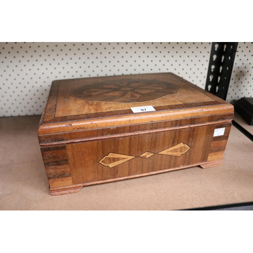 87 - Antique inlaid box with sewing contents, approx 14cm H x 35cm W x 26cm D