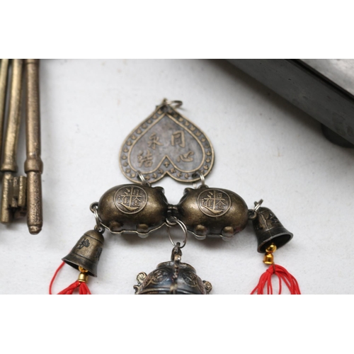 122 - Brass jug, keys, pewter desk companion, appox 27cm H and smaller