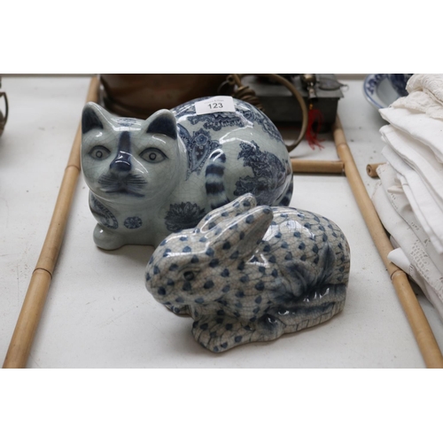 123 - Chinese blue and white cat and rabbit, approx 14cm H x 22cm L and smaller (2)