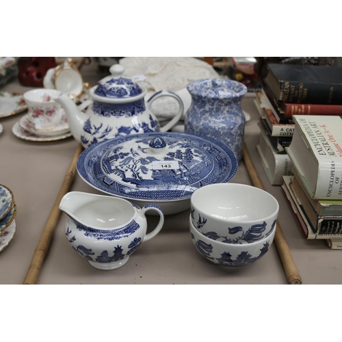 143 - Churchill Willow pattern tea pot, Burges English china coffee canister, Johnson Bros blue and white ... 