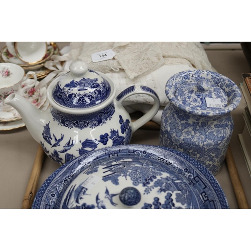 143 - Churchill Willow pattern tea pot, Burges English china coffee canister, Johnson Bros blue and white ... 