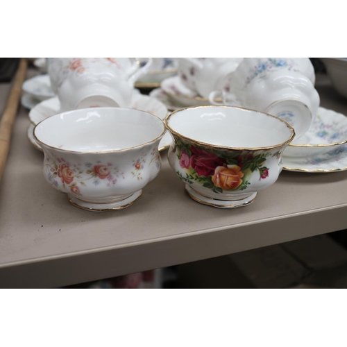 145 - Assortment of Royal Albert china, to include a tiered cake stand, sugar bowl, various cups and sauce... 