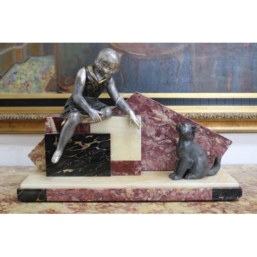 210 - French Art Deco figure of a woman & cat, alabaster & marble, approx 31cm H x 48cm W x 14cm D