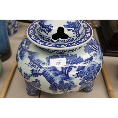 150 - Blue and white porcelain lidded censor, approx 30cm H x 26cm Dia