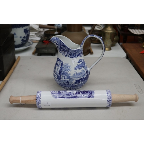 154 - Spode Italian pattern jug and rolling pin, approx 45cm L and shorter