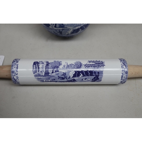 154 - Spode Italian pattern jug and rolling pin, approx 45cm L and shorter