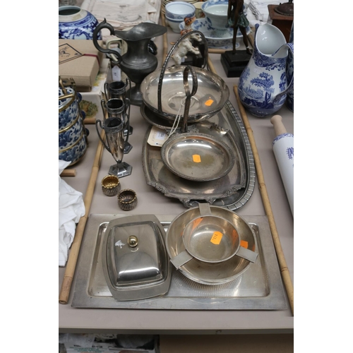 155 - Selection of French silver plated items, service trays, Pewter oval platter etc, approx 51cm x 23cm ... 