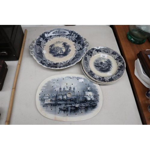 165 - Antique blue and white plates and pierced strainer, approx 36cm W and smaller (5)