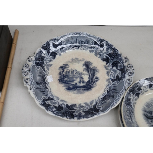 165 - Antique blue and white plates and pierced strainer, approx 36cm W and smaller (5)