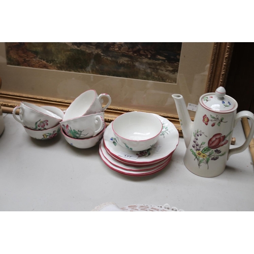 177 - French faience set of six cups and saucers, along with a Spode coffee pot, approx 19cm H and shorter