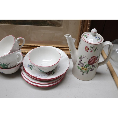 177 - French faience set of six cups and saucers, along with a Spode coffee pot, approx 19cm H and shorter