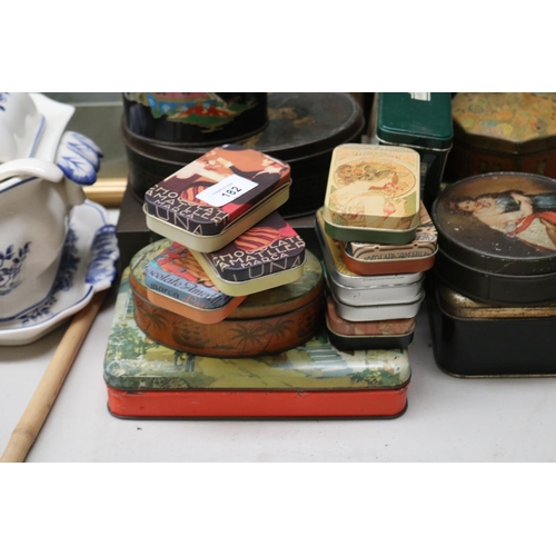 182 - Collection of antique and vintage tins, approx 26cm W and smaller