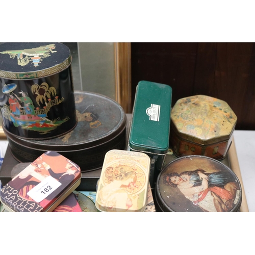 182 - Collection of antique and vintage tins, approx 26cm W and smaller