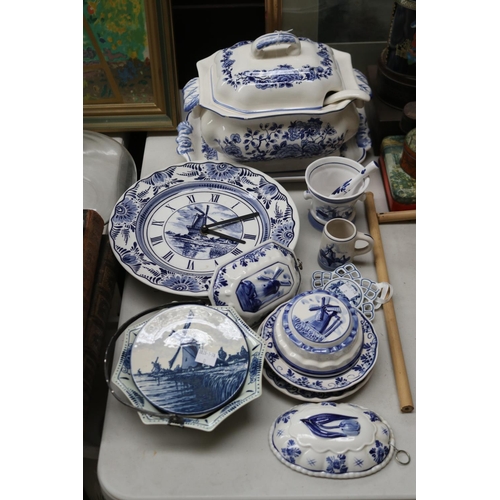 184 - Selection of Dutch Delft ware, to include Quartz wall clock plate, basket, molds, etc, approx 26cm D... 