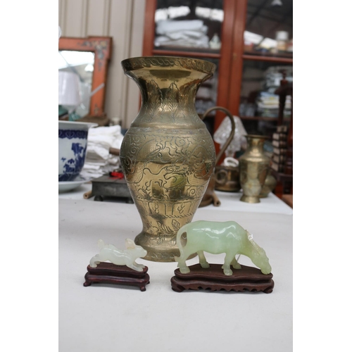 198 - Two Chinese carved  hard stone figures, Hare and water buffalo, large brass Chinese vase, approx 30c... 