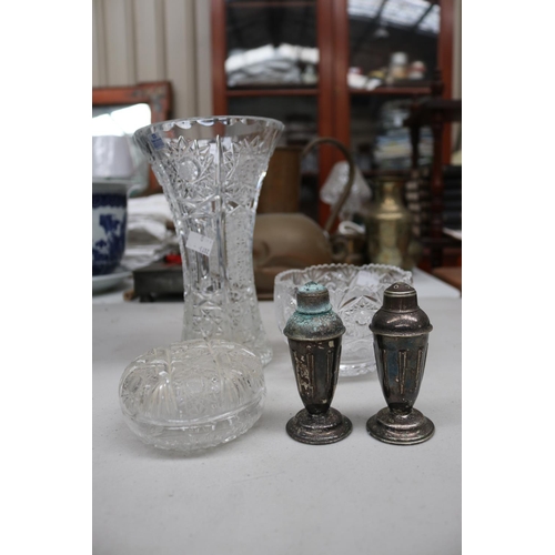 209 - Crystal vase, bowl and lidded jar along with silver plate pepper and salt, approx 23cm H and shorter