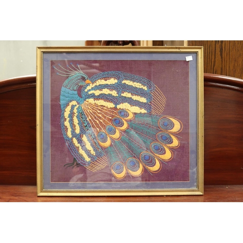 550 - Framed embroided peacock, approx 50cm x 44cm