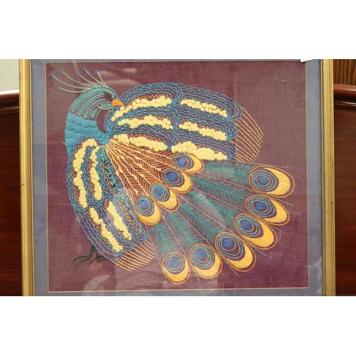 550 - Framed embroided peacock, approx 50cm x 44cm