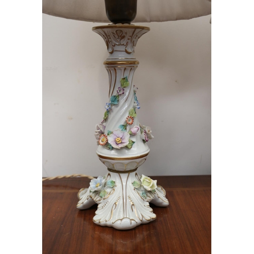 561 - Pair of German porcelain flower encrusted lamps, approx 48cm H each