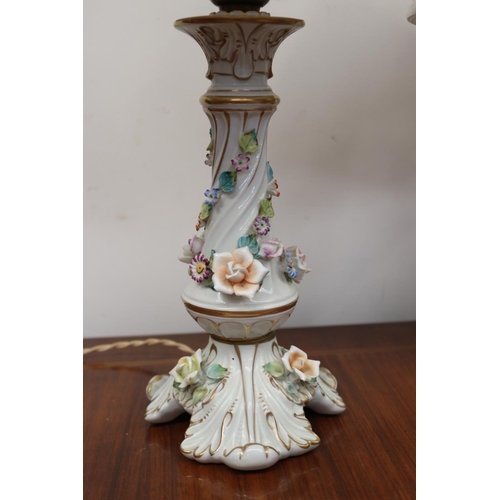 561 - Pair of German porcelain flower encrusted lamps, approx 48cm H each