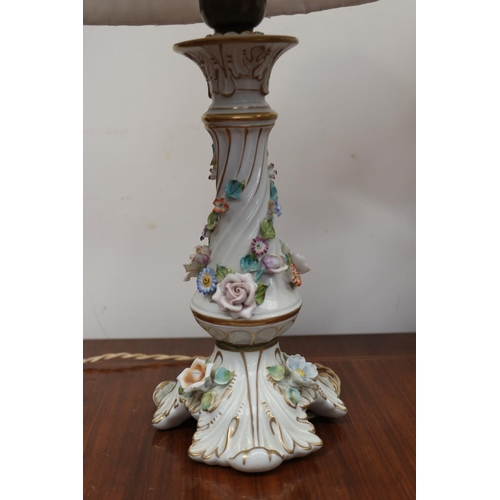 561 - Pair of German porcelain flower encrusted lamps, approx 48cm H each