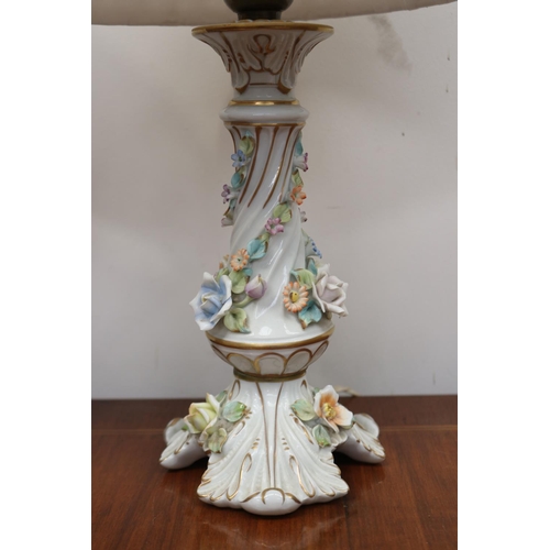 561 - Pair of German porcelain flower encrusted lamps, approx 48cm H each