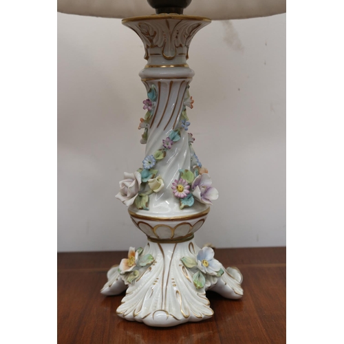 561 - Pair of German porcelain flower encrusted lamps, approx 48cm H each