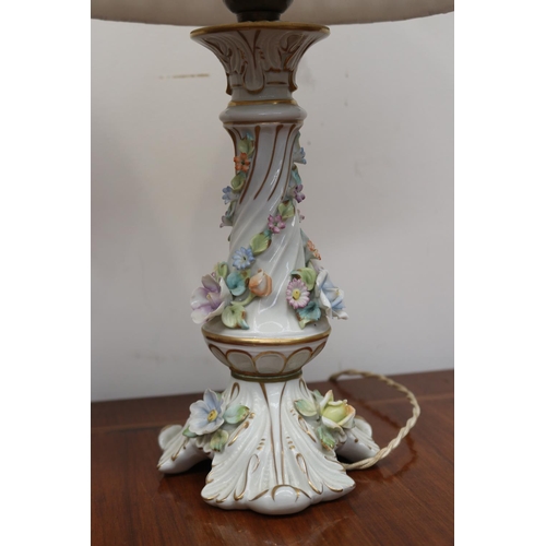 561 - Pair of German porcelain flower encrusted lamps, approx 48cm H each